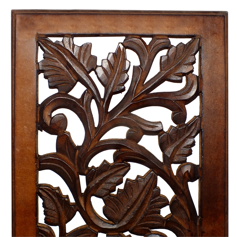 Mango Wood Wall Panel Hand Crafted with Leaves and Scroll Work Motif- Brown