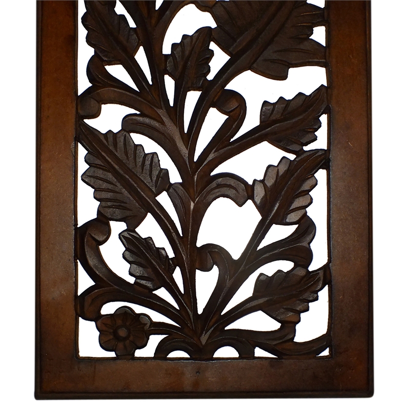 Mango Wood Wall Panel Hand Crafted with Leaves and Scroll Work Motif- Brown