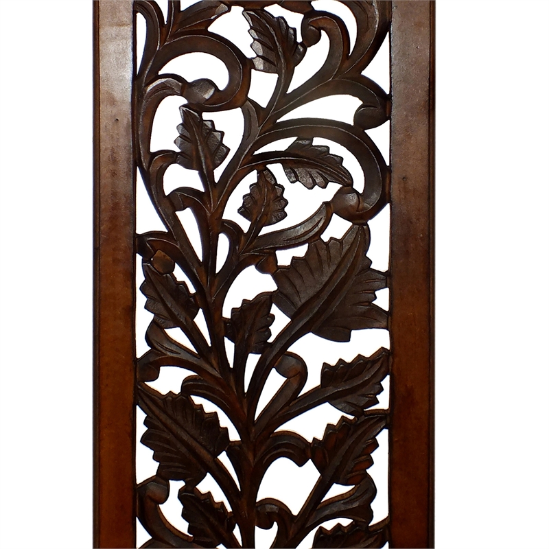 Mango Wood Wall Panel Hand Crafted with Leaves and Scroll Work Motif- Brown