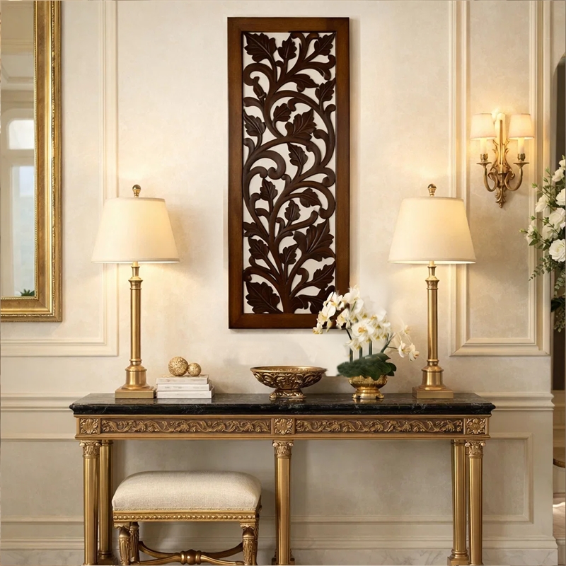 Mango Wood Wall Panel Hand Crafted with Leaves and Scroll Work Motif- Brown