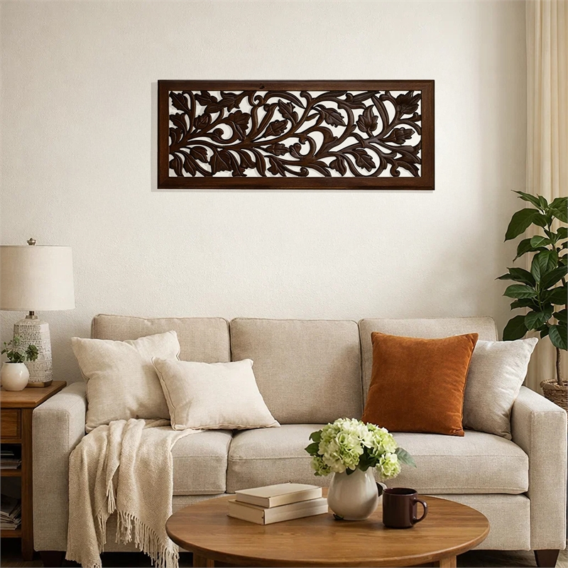 Mango Wood Wall Panel Hand Crafted with Leaves and Scroll Work Motif- Brown