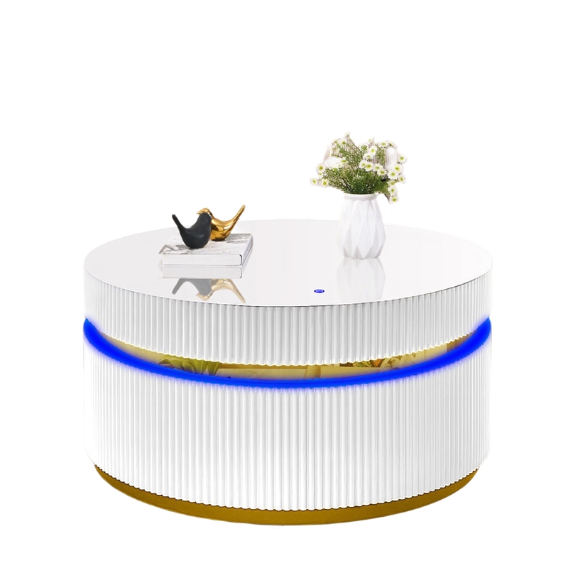 Tavi Coffee Table- 39 Inch Round Glass Top and LED Lit Gold Brim- White