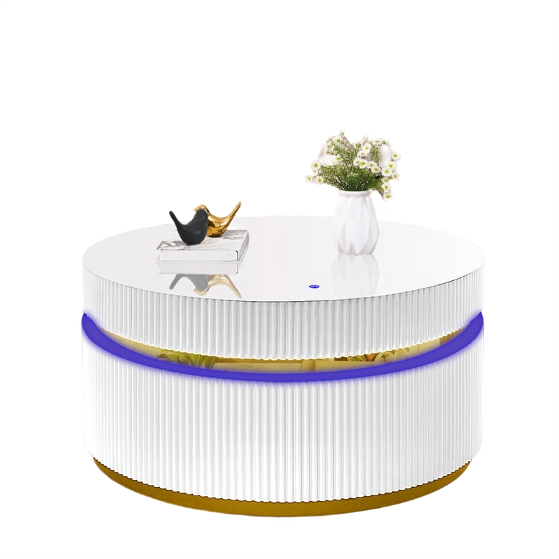 Tavi Coffee Table- 39 Inch Round Glass Top and LED Lit Gold Brim- White
