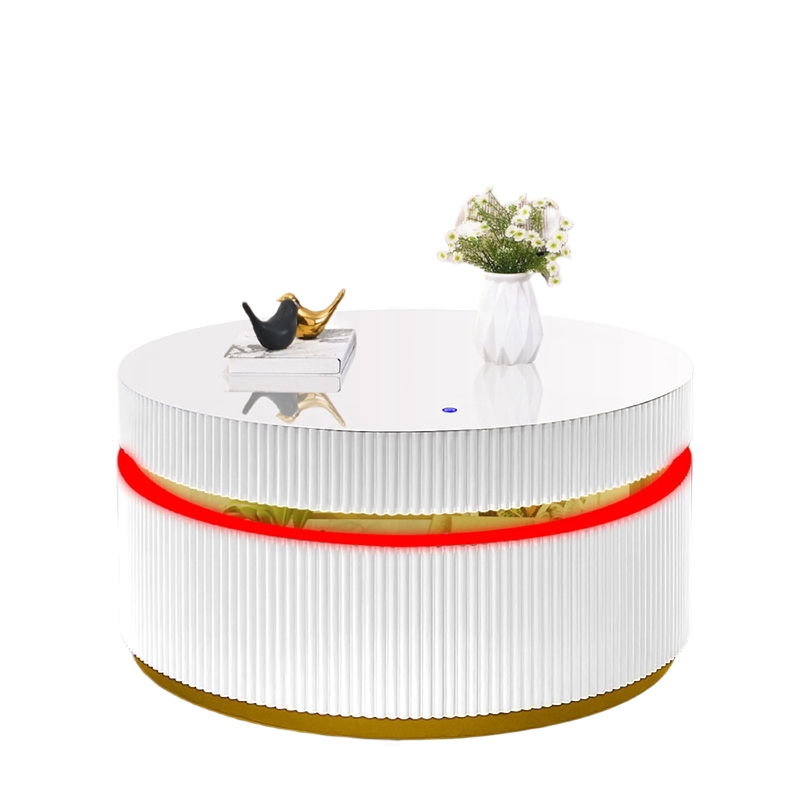 Tavi Coffee Table- 39 Inch Round Glass Top and LED Lit Gold Brim- White