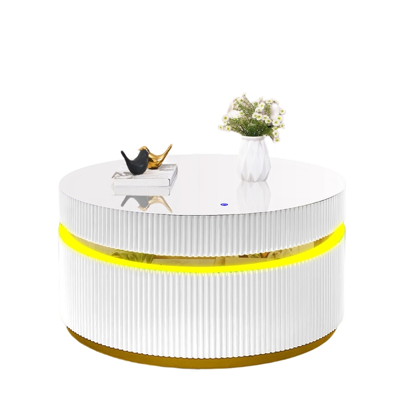 Tavi Coffee Table- 39 Inch Round Glass Top and LED Lit Gold Brim- White