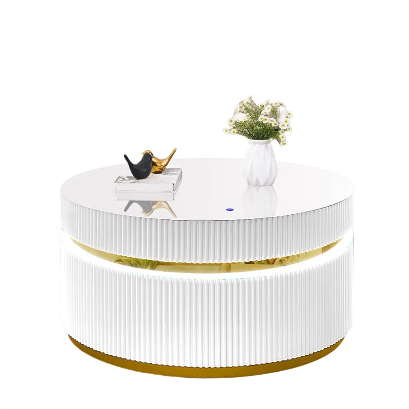 Tavi Coffee Table- 39 Inch Round Glass Top and LED Lit Gold Brim- White