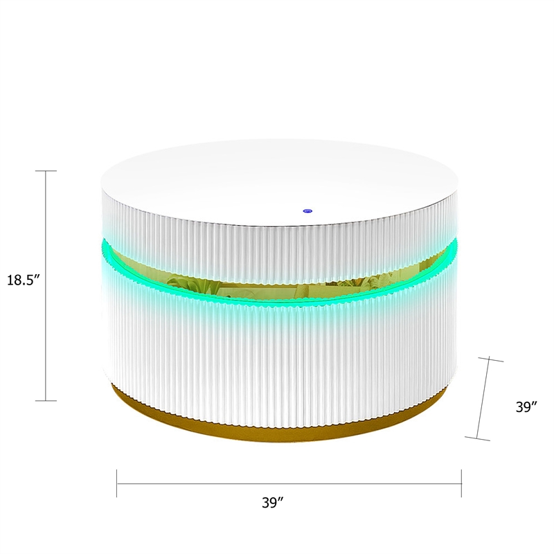 Tavi Coffee Table- 39 Inch Round Glass Top and LED Lit Gold Brim- White