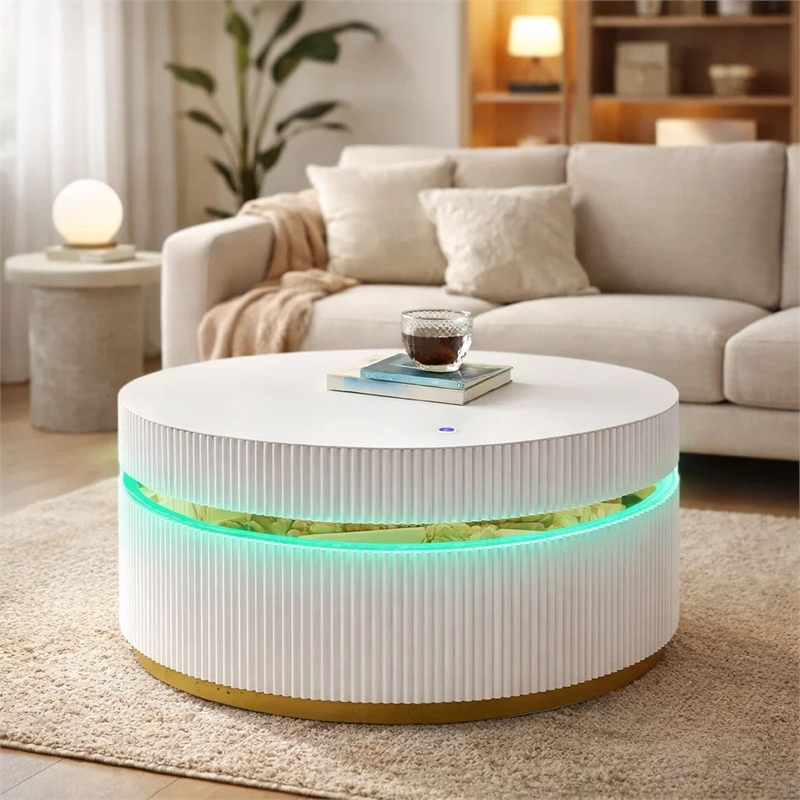 Tavi Coffee Table- 39 Inch Round Glass Top and LED Lit Gold Brim- White