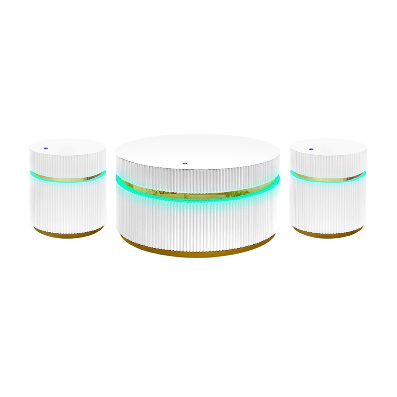 Tavi 3pc Coffee Table Set with 2 End Tables- Round Glass Top and LED- White
