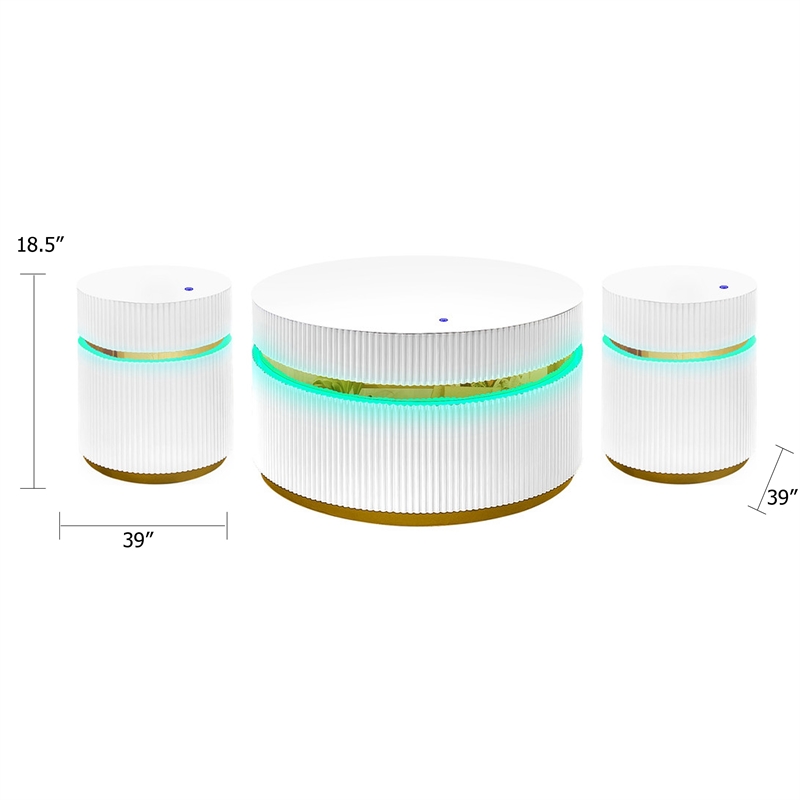 Tavi 3pc Coffee Table Set with 2 End Tables- Round Glass Top and LED- White