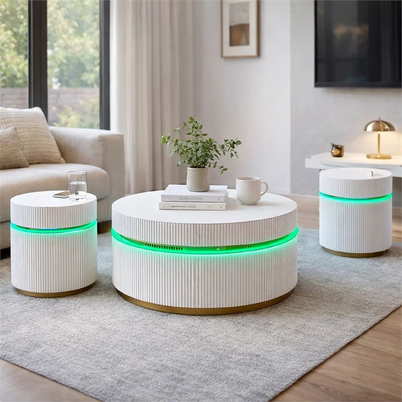 Tavi 3pc Coffee Table Set with 2 End Tables- Round Glass Top and LED- White