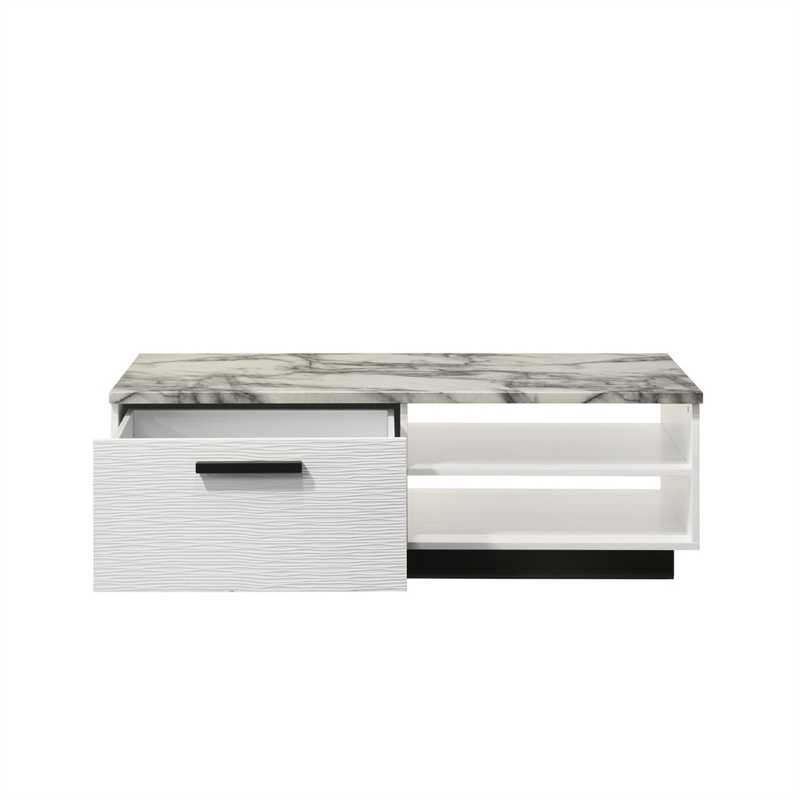 Sda Coffee Table- 47 Inch Faux Marble Top- Drawer and 2 Shelves- White