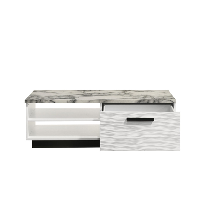 Sda Coffee Table- 47 Inch Faux Marble Top- Drawer and 2 Shelves- White