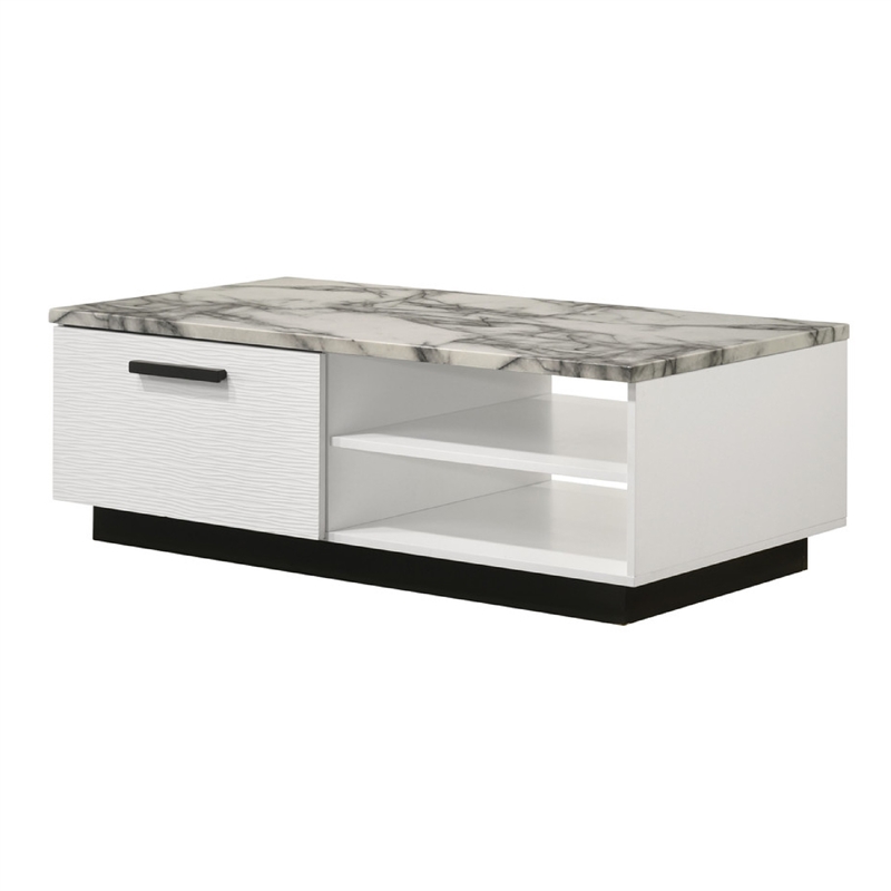 Sda Coffee Table- 47 Inch Faux Marble Top- Drawer and 2 Shelves- White