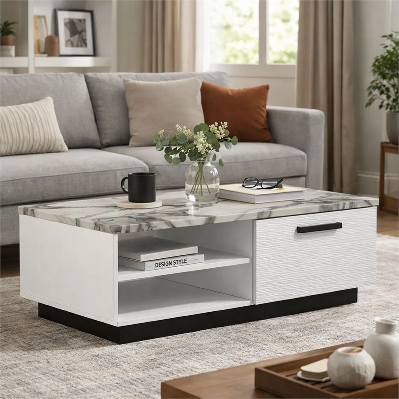 Sda Coffee Table- 47 Inch Faux Marble Top- Drawer and 2 Shelves- White