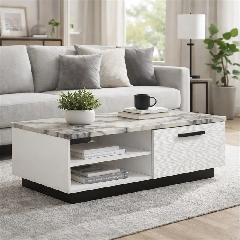 Sda Coffee Table- 47 Inch Faux Marble Top- Drawer and 2 Shelves- White