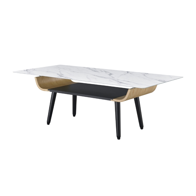 Nue Coffee Table- 47 Inch 3D Printed Glass Marble- Curved Shelf- White