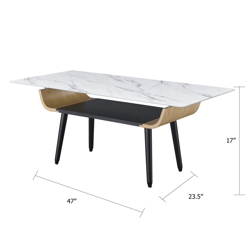 Nue Coffee Table- 47 Inch 3D Printed Glass Marble- Curved Shelf- White