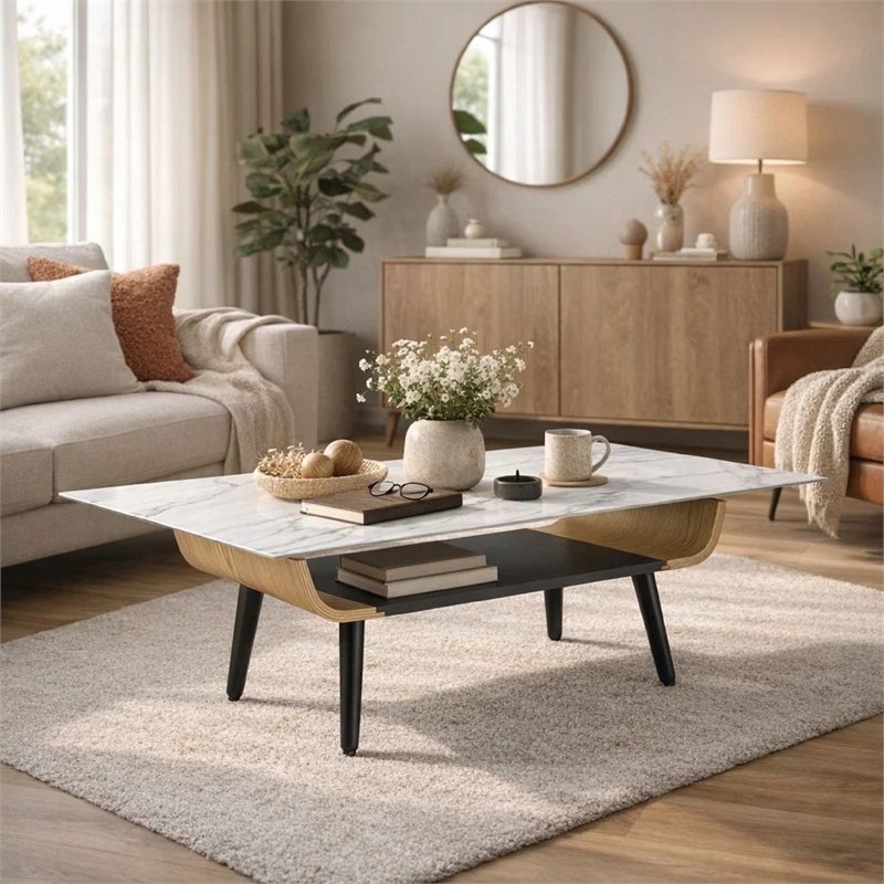 Nue Coffee Table- 47 Inch 3D Printed Glass Marble- Curved Shelf- White