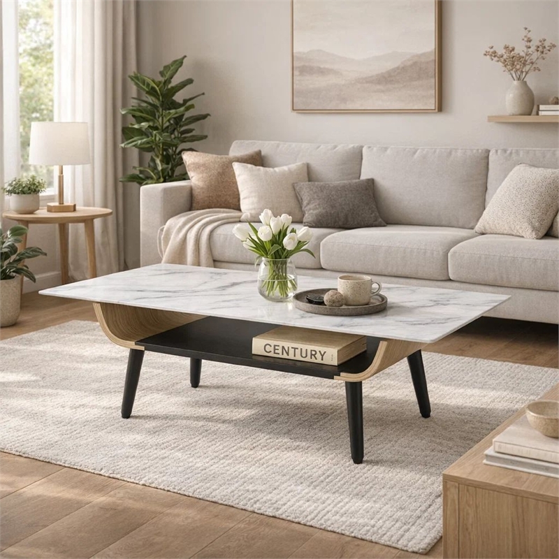 Nue Coffee Table- 47 Inch 3D Printed Glass Marble- Curved Shelf- White
