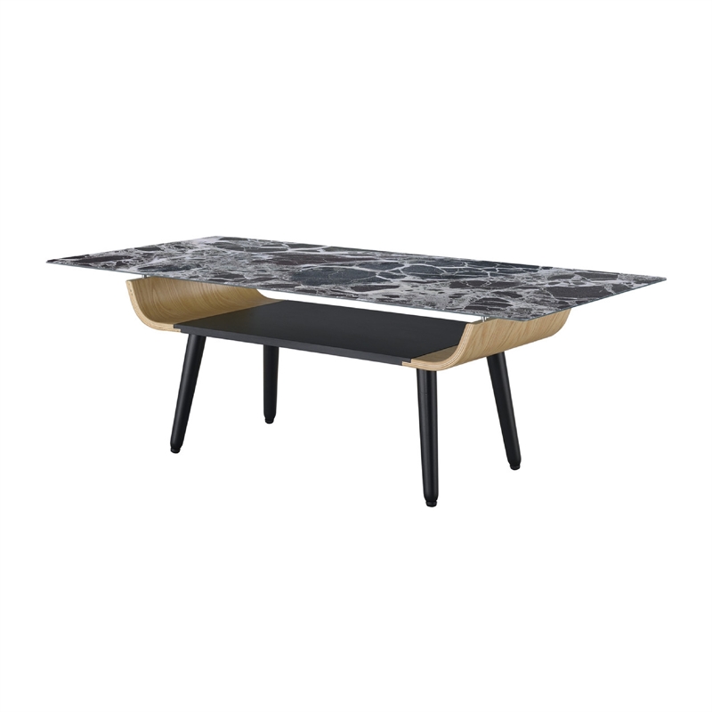 Nue Coffee Table- 47 Inch 3D Printed Glass Marble- Curved Shelf- Black