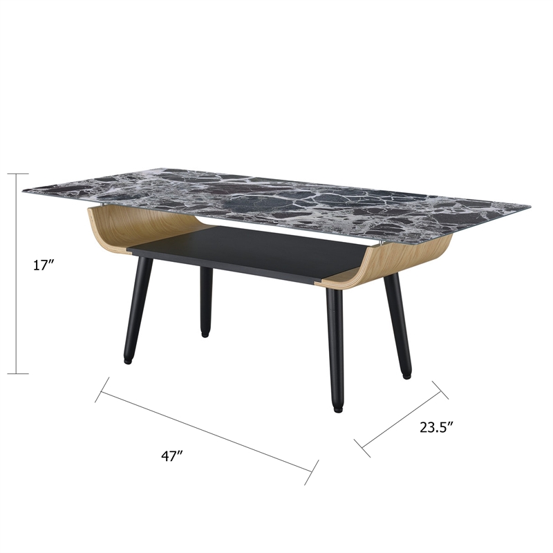 Nue Coffee Table- 47 Inch 3D Printed Glass Marble- Curved Shelf- Black