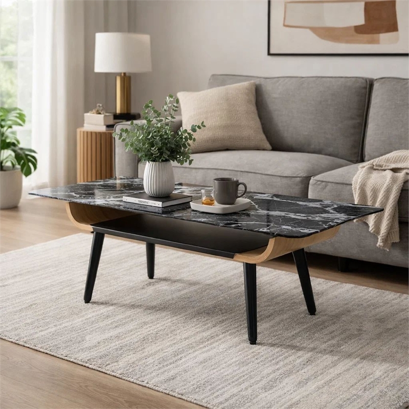 Nue Coffee Table- 47 Inch 3D Printed Glass Marble- Curved Shelf- Black
