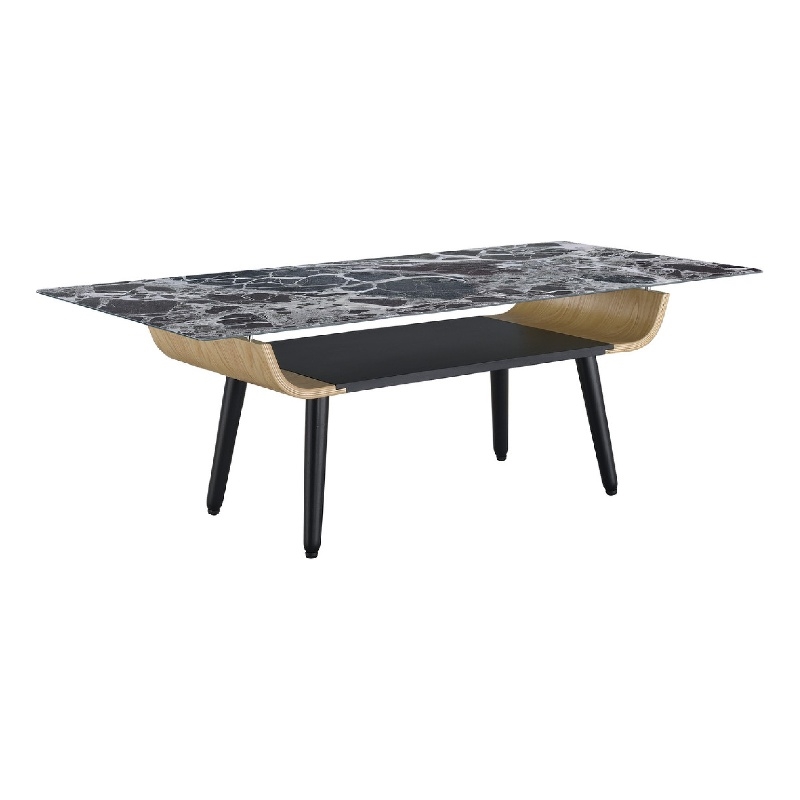 Nue Coffee Table- 47 Inch 3D Printed Glass Marble- Curved Shelf- Black