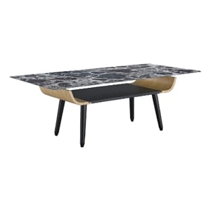 Nue Coffee Table- 47 Inch 3D Printed Glass Marble- Curved Shelf- Black