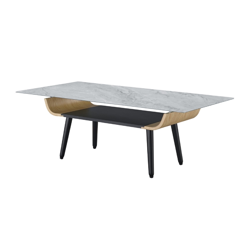 Nue Coffee Table- 47 Inch 3D Printed Glass Marble- Curved Shelf- Gray