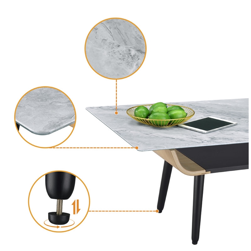 Nue Coffee Table- 47 Inch 3D Printed Glass Marble- Curved Shelf- Gray