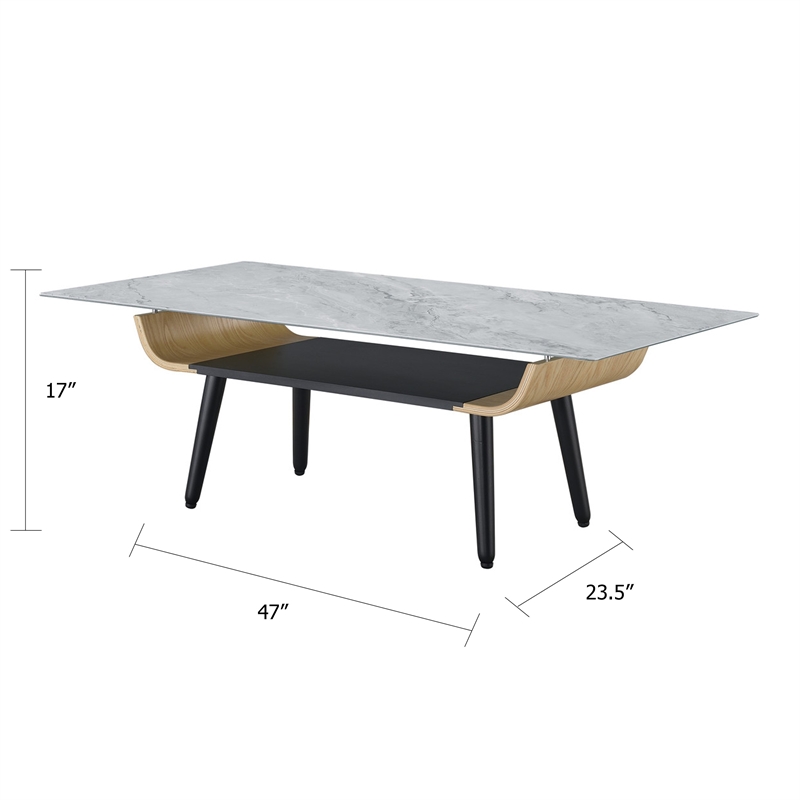 Nue Coffee Table- 47 Inch 3D Printed Glass Marble- Curved Shelf- Gray