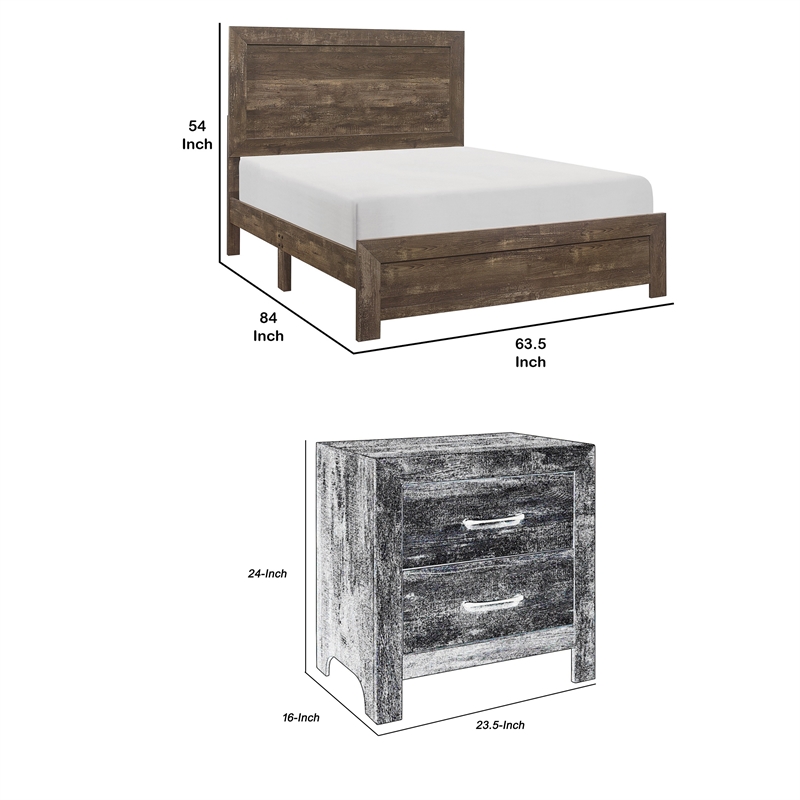Queen Size Bedroom Set- Brown- Panel Design- 2-Piece Set with Bed and Nightstand