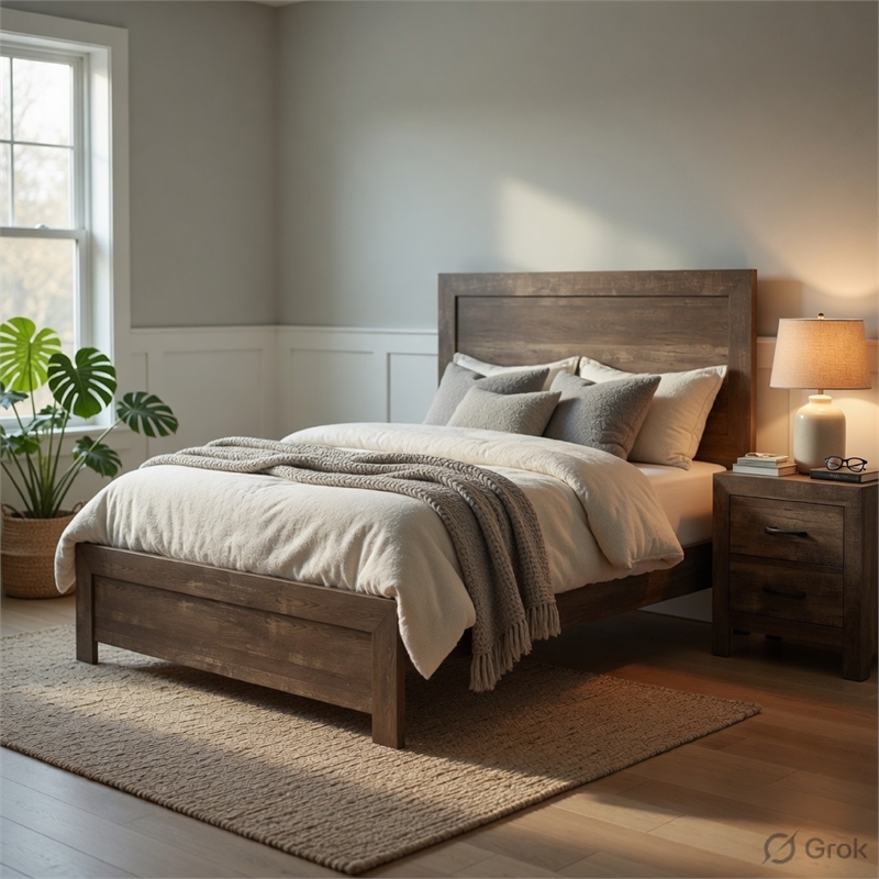 Queen Size Bedroom Set- Brown- Panel Design- 2-Piece Set with Bed and Nightstand