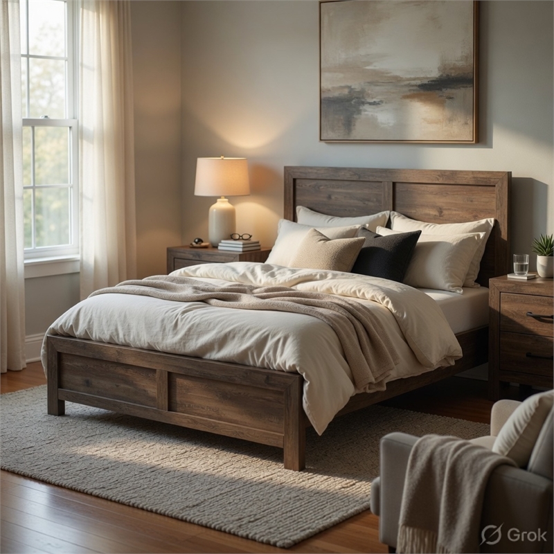 Queen Size Bedroom Set- Brown- Panel- 3-Piece Set with Bed and Two Nightstands