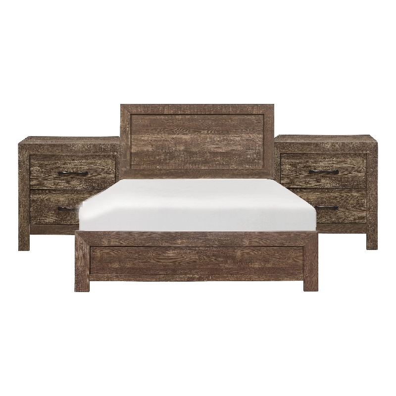 Queen Size Bedroom Set- Brown- Panel- 3-Piece Set with Bed and Two Nightstands