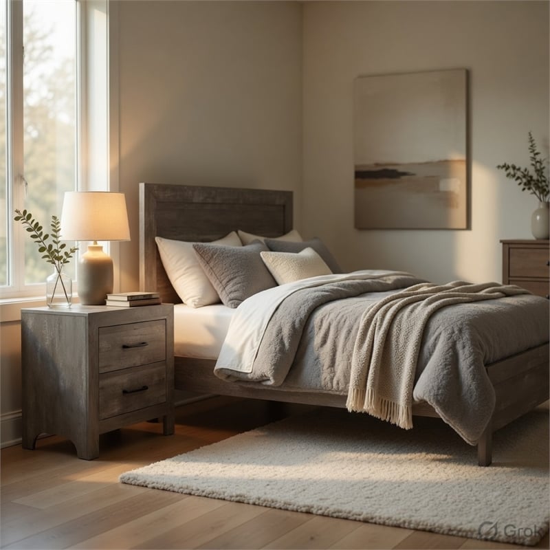 Full Size Bedroom Set- Gray Finish- 2-Piece Set with Bed and Nightstand