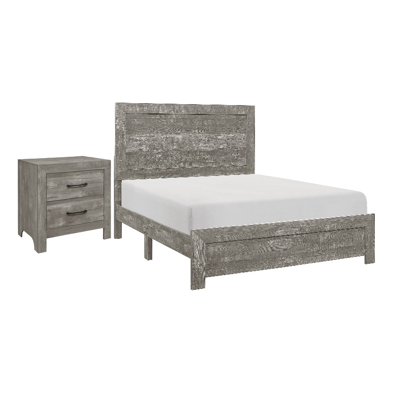 Full Size Bedroom Set- Gray Finish- 2-Piece Set with Bed and Nightstand