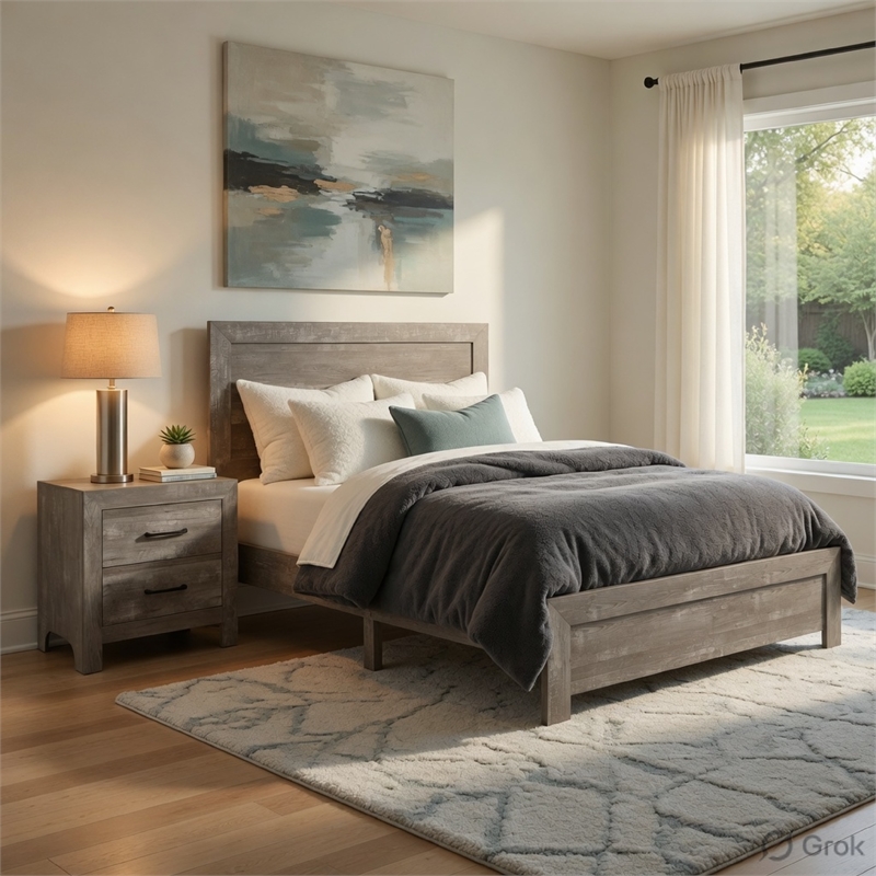 Queen Size Bedroom Set-Gray-Panel Headboard- 2-Piece Set with Bed and Nightstand