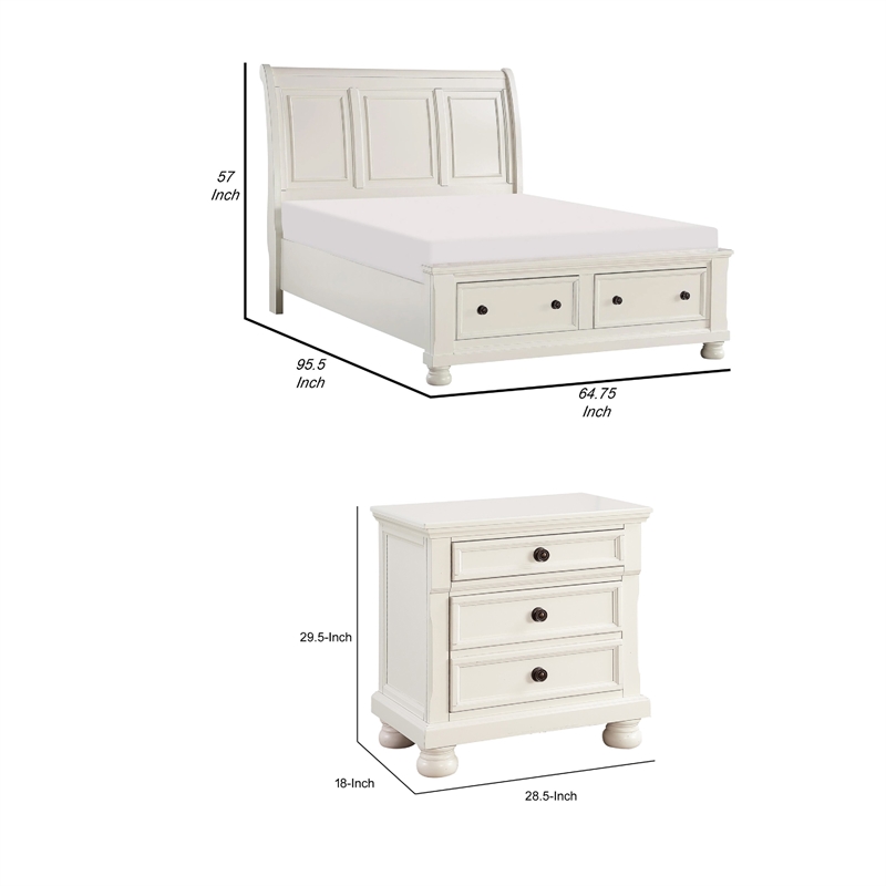 Queen Bedroom Set-White-Storage Bed with Drawer-3-Piece with Bed-Two Nightstands