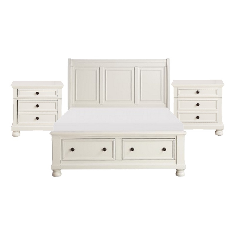 Queen Bedroom Set-White-Storage Bed with Drawer-3-Piece with Bed-Two Nightstands