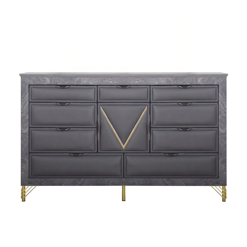 Semy Wide Dresser- 10 Drawers- 1 Cabinet- Charcoal Gray Wood- Gold