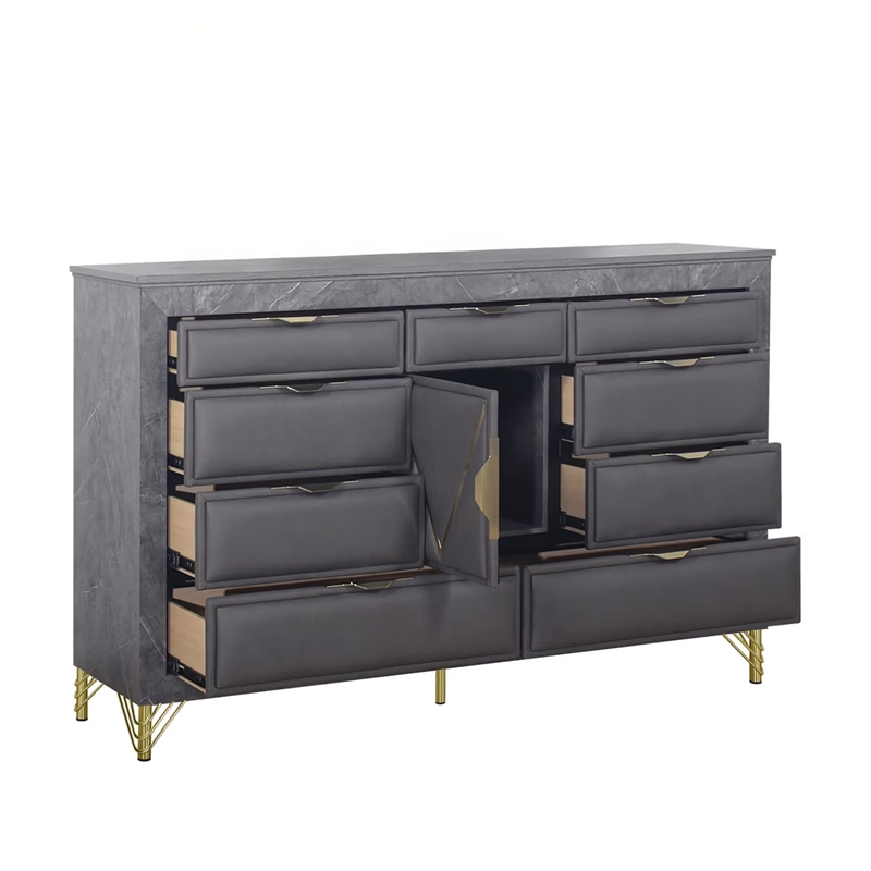 Semy Wide Dresser- 10 Drawers- 1 Cabinet- Charcoal Gray Wood- Gold