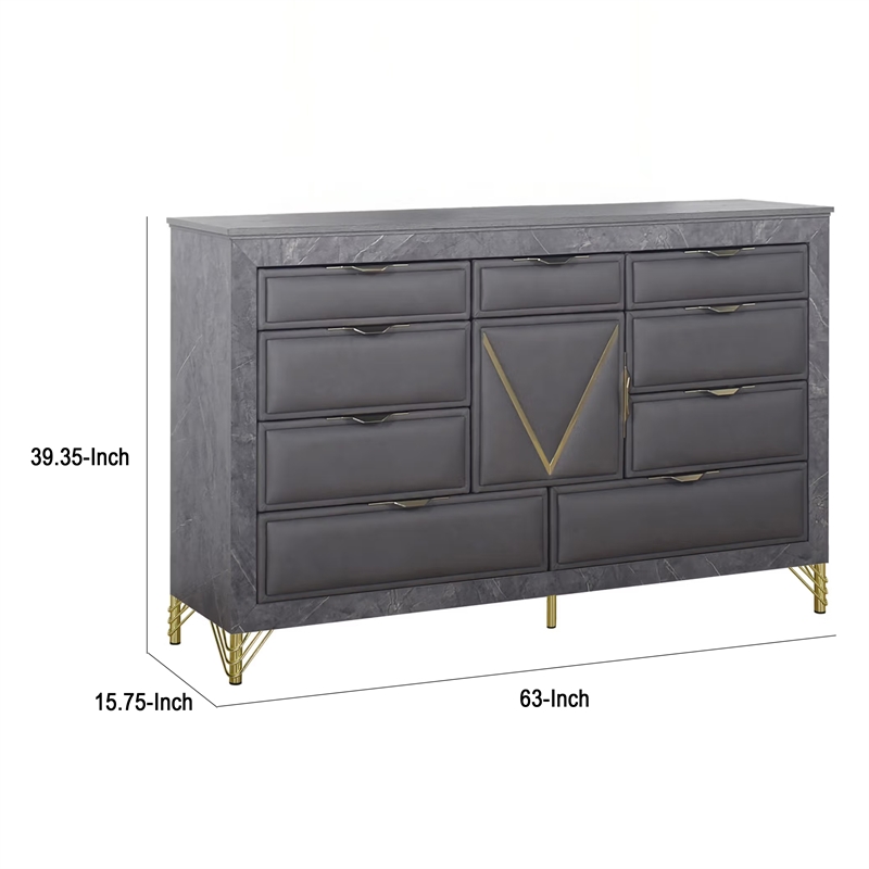 Semy Wide Dresser- 10 Drawers- 1 Cabinet- Charcoal Gray Wood- Gold
