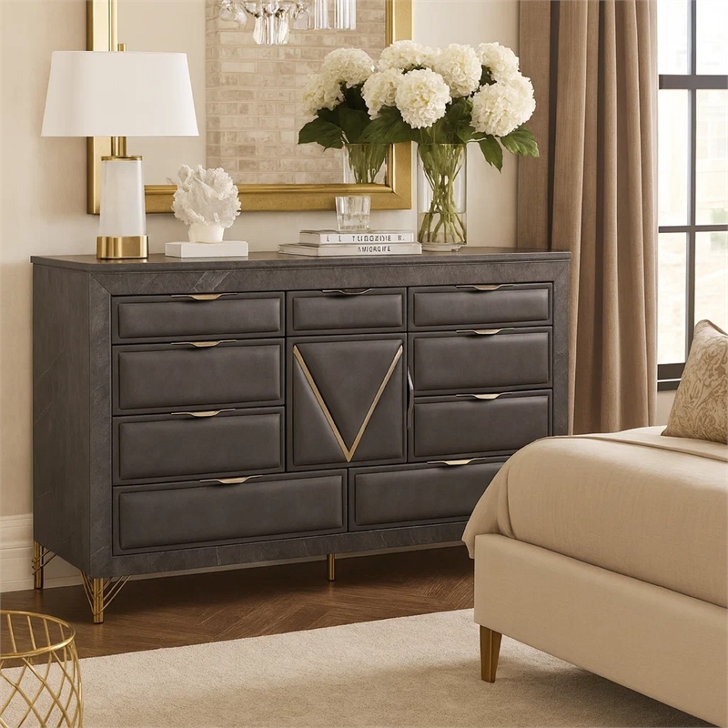Semy Wide Dresser- 10 Drawers- 1 Cabinet- Charcoal Gray Wood- Gold