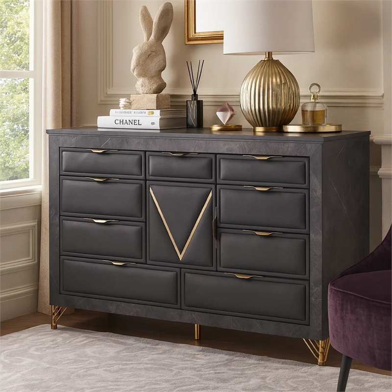 Semy Wide Dresser- 10 Drawers- 1 Cabinet- Charcoal Gray Wood- Gold