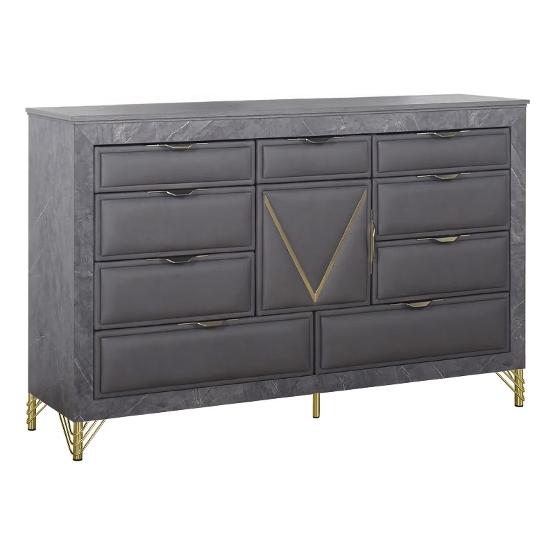 Semy Wide Dresser- 10 Drawers- 1 Cabinet- Charcoal Gray Wood- Gold