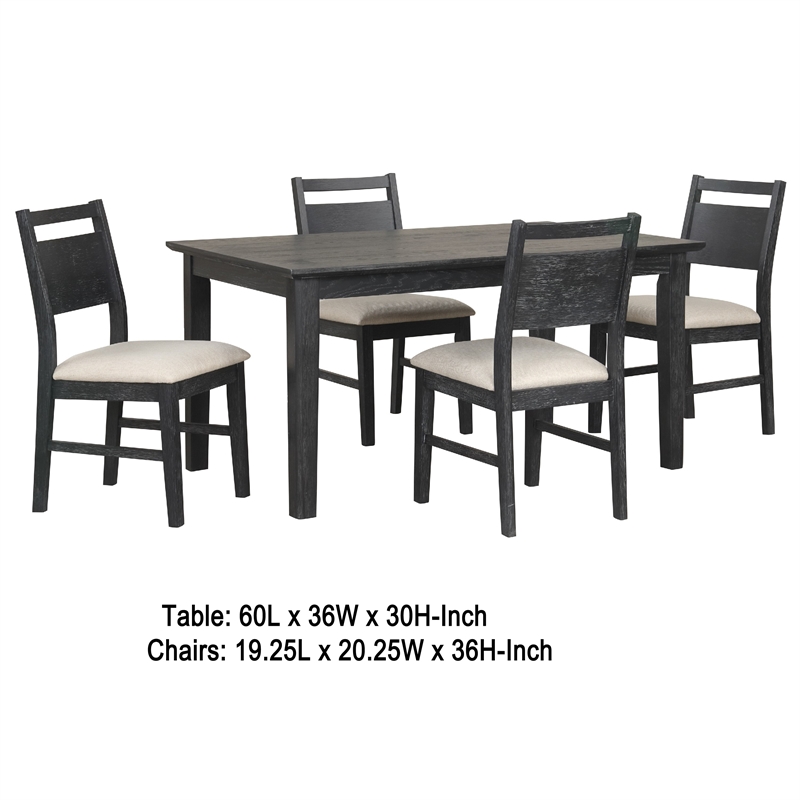 Saby 5pc Dining Table Set- 4 Side Chairs- Black Rubberwood- Light Brown