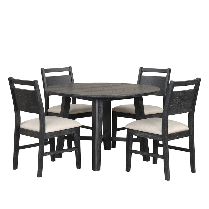 Saby 5pc Round Dining Table Set- 4 Side Chairs- Black Wood- Light Brown