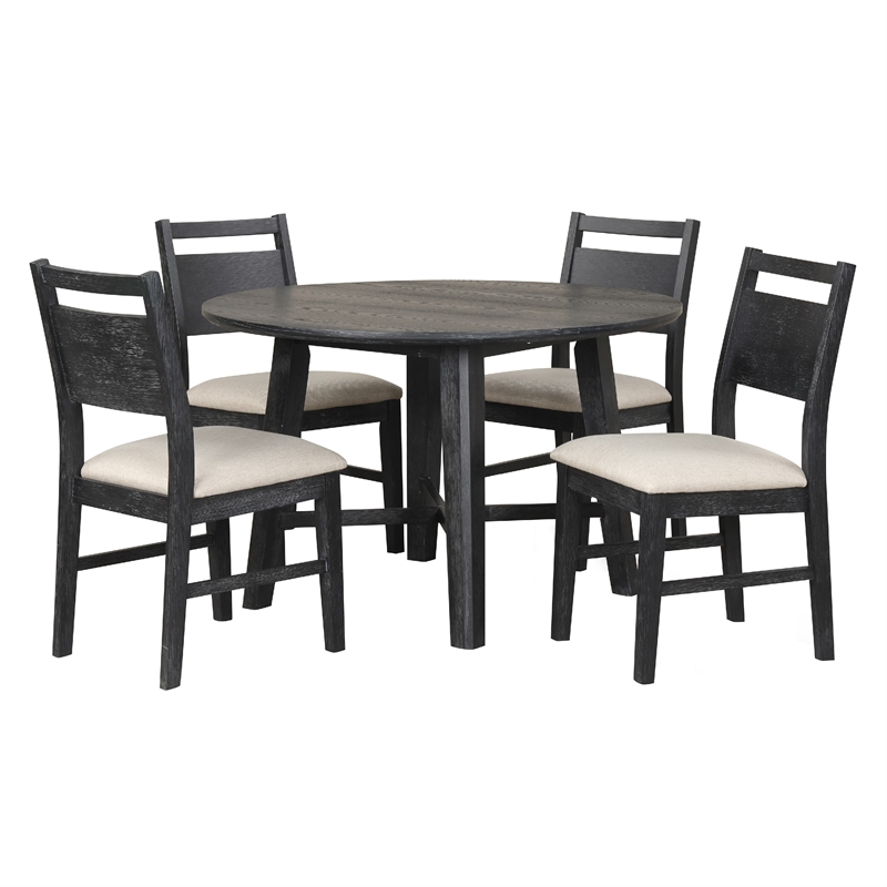 Saby 5pc Round Dining Table Set- 4 Side Chairs- Black Wood- Light Brown
